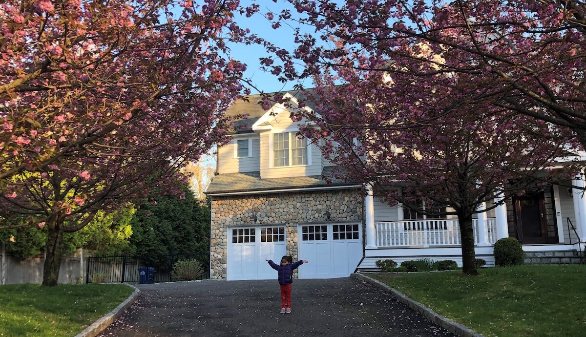 Person joyfully stands with arms raised in front of a house framed by pink flowering trees.