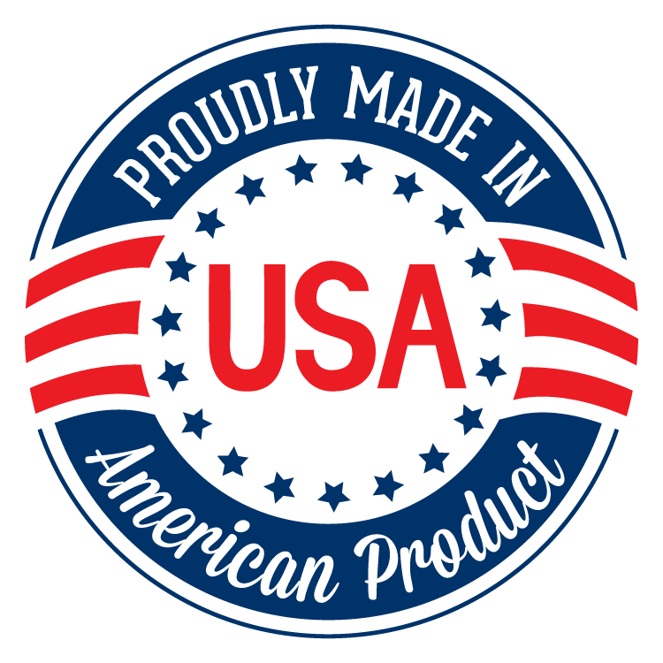 Seal showing 'Proudly Made in USA' with patriotic stars and stripes.