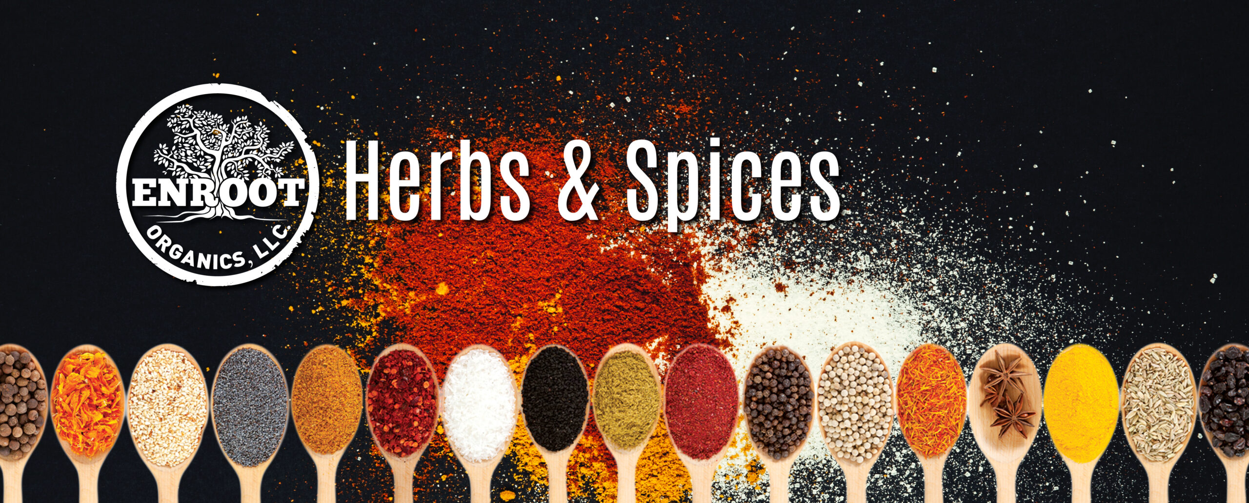 Spoons filled with colorful herbs and spices under 'Herbs & Spices' text.